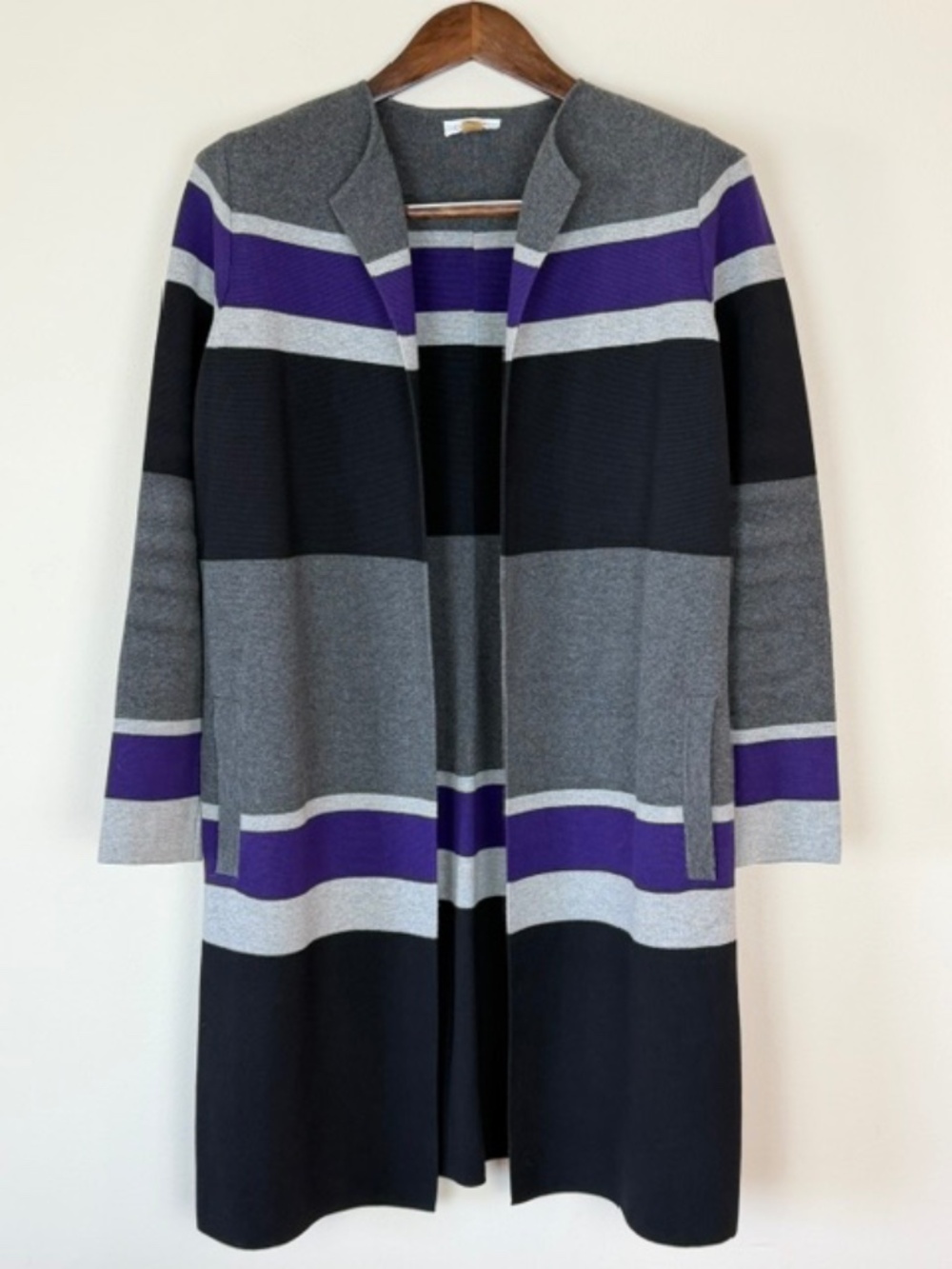 Calvin Klein Striped Open Front Cardigan Duster Purple Gray Black Est. Medium